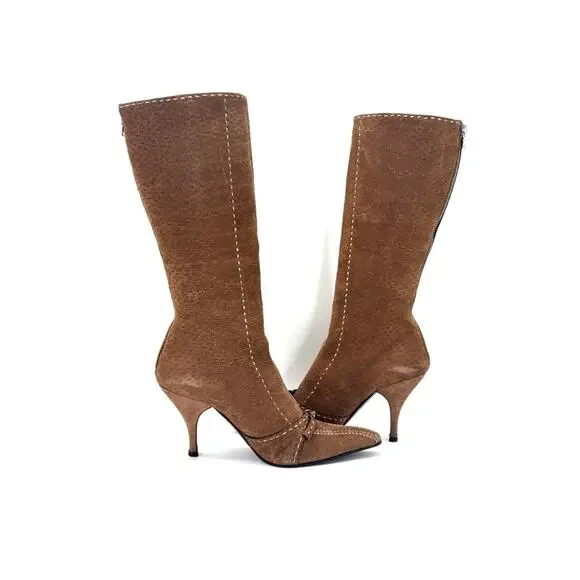 Vintage Prada Brown Suede Bow White Contrast Stitch Knee High Boots 40 - Picture 4 of 9